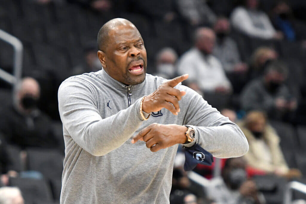 WASHINGTON, DC - FEBRUARY 06:  Head coach Patrick Ewing of the Georgetown Hoyas signals to his players during a college basketball game against the Providence Friars at the Capital One Arena on February 6, 2022 in Washington, DC.  (Photo by Mitchell Layton/Getty Images)